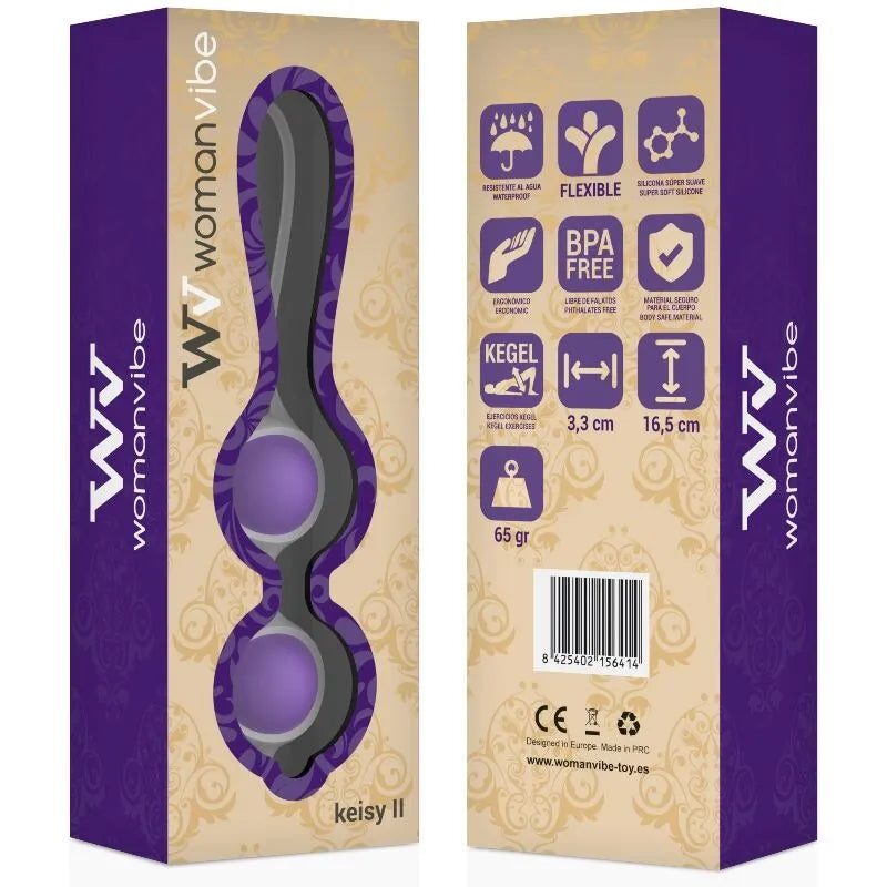 Boules de geisha Womanvibe en silicone violet, design ergonomique, diamètre 33mm, pour débutantes, boîte violette.
