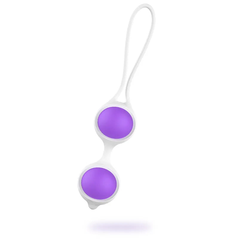 Boules de geisha silicone violet, design ergonomique, toucher soyeux, pour débutantes, Womanvibe, 65g, diamètre 33mm.