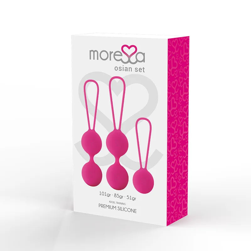 Boules de Geisha Moressa en silicone rose, trois tailles, design ergonomique pour renforcement pelvien et bien-être intime.