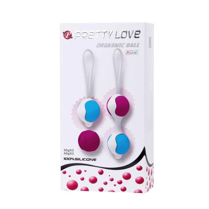 Boules de Geisha en silicone interchangeables, bleu et rose, avec cordons, dans un emballage Pretty Love.