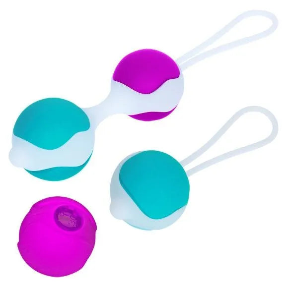 Boules de geisha en silicone colorées, interchangeables, avec cordons, pour bien-être intime et tonification pelvienne.