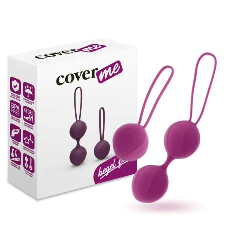 Boules de geisha violettes en silicone avec cordelette, boîte blanche illustrée, pour entraînement pelvien et bien-être.