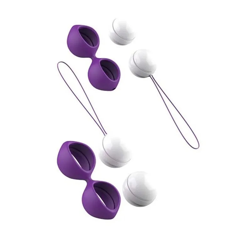 Boules de geisha en silicone violet et blanc, poids interchangeables, cordes fines, pour entraînement périnée Kegel.