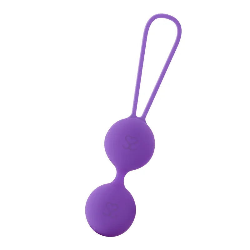 Boules de Geisha violettes en silicone, ergonomiques, avec cordon, pour renforcement périnéal débutantes.