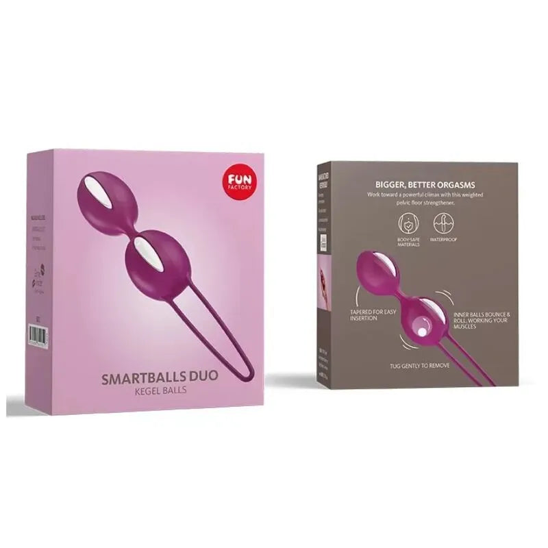 Boules de geisha violettes en silicone ergonomiques pour expertes, renforçant le plancher pelvien, sur fond blanc.