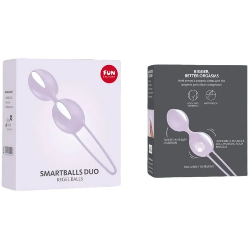 Boules de geisha silicone violettes, ergonomiques, avec boucle de récupération, sur fond blanc, boîte incluse.