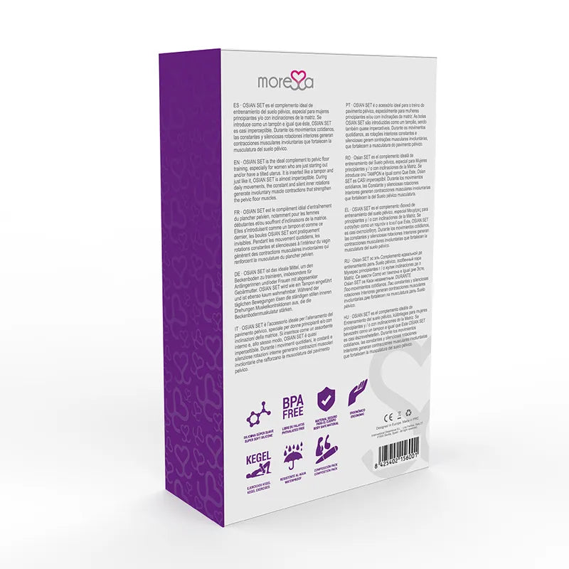 Boîte violette de boules Geisha en silicone hypoallergénique, texte explicatif et logos certifications visibles.