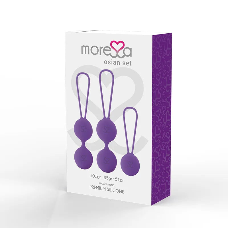 Boules Geisha violettes en silicone hypoallergénique, ergonomiques, pour rééducation périnéale, sur fond blanc.
