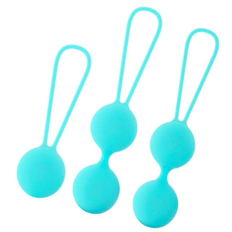 Boules de geisha bleues en silicone hypoallergénique, toucher velouté, design ergonomique pour tonification périnéale.
