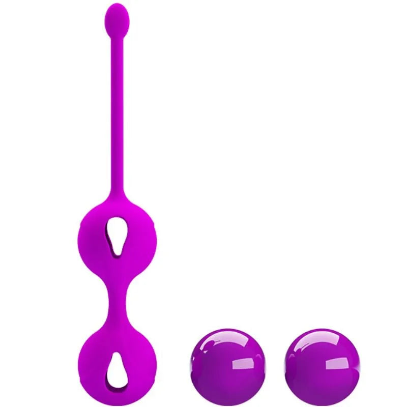 Boules de geisha violettes en silicone avec cordon ergonomique, diamètre 32mm, pour renforcement pelvien et stimulation.