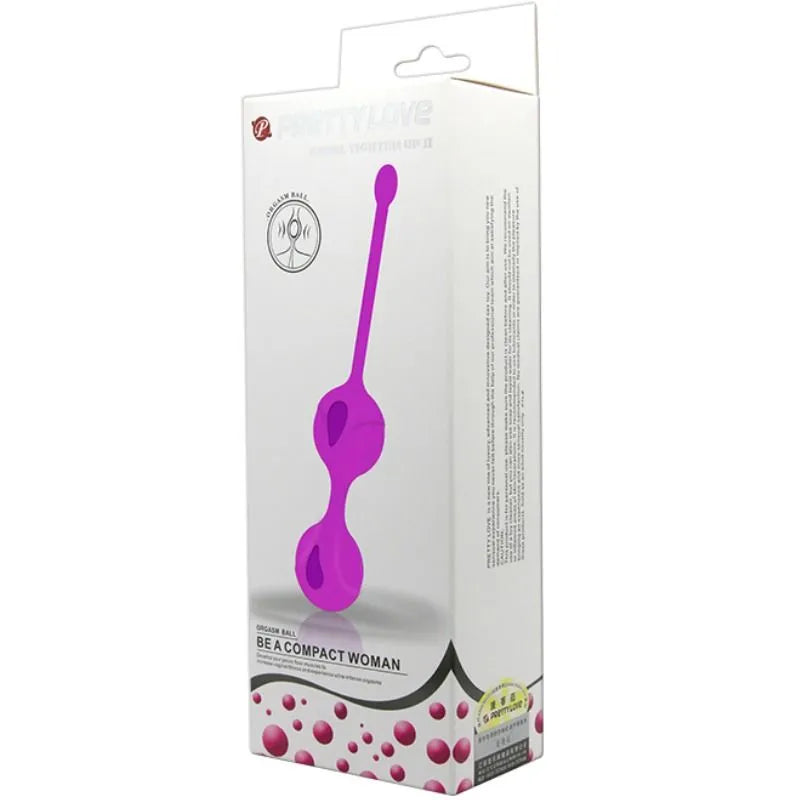 Boules de geisha silicone violettes, ergonomiques, avec cordon résistant, pour renforcement pelvien, boîte blanche.