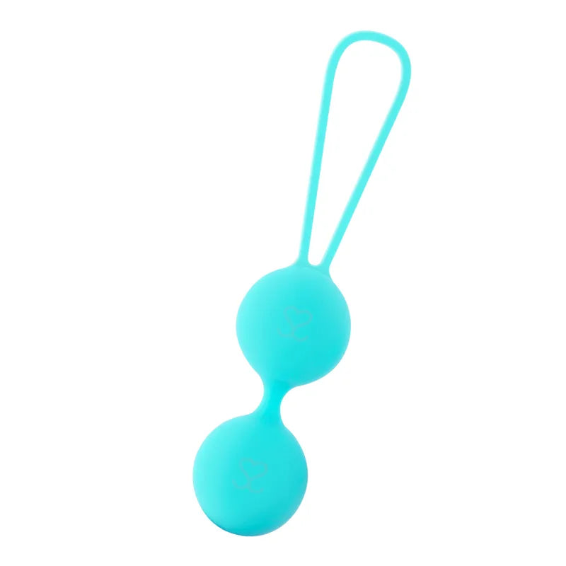 Boules Geisha turquoise en silicone douce, deux sphères reliées, avec cordon, pour tonification pelvienne et rééducation.