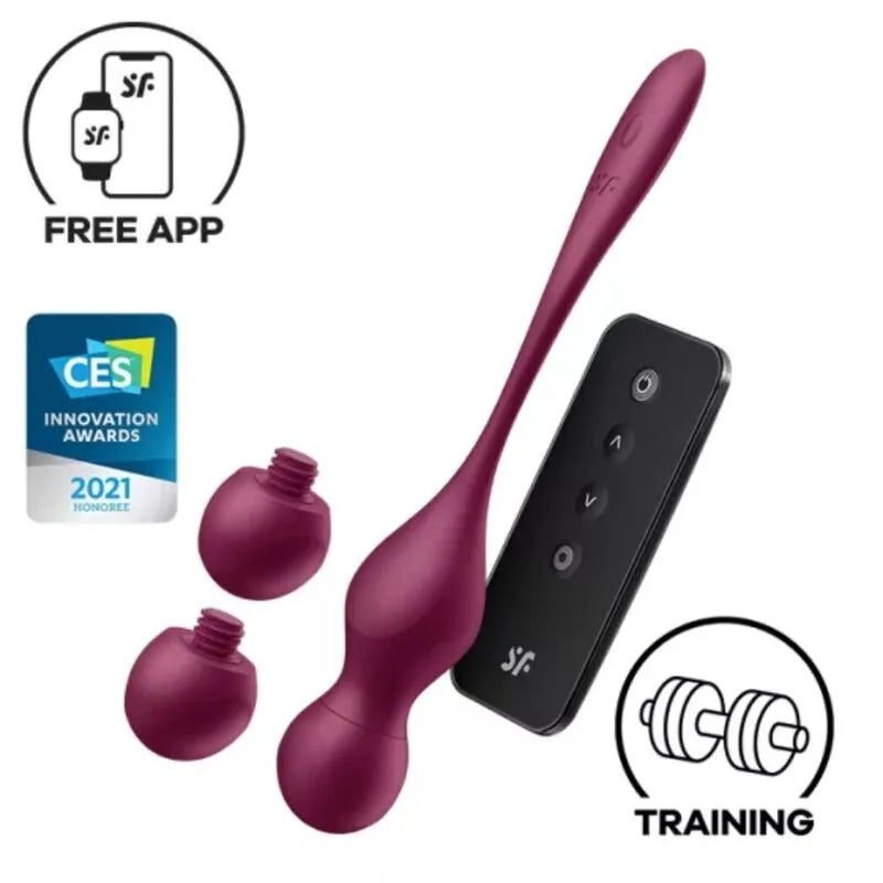 Boules Geisha Vibrantes Connectées Silicone SatisfyerConnect Application Mobile Ergonomique Douces 12 Programmes Vibrations Poids Progressifs Bouton Télécommande Sangle Retrait