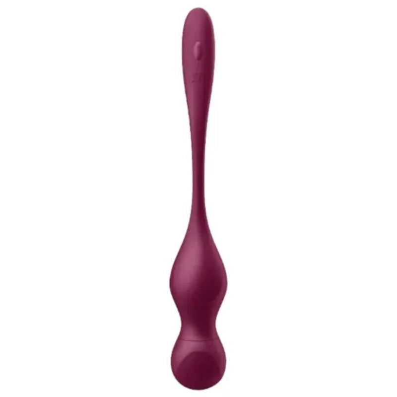 Boules de geisha vibrantes en silicone violet, forme ergonomique, avec sangle de retrait, compatibles Satisfyer Connect.