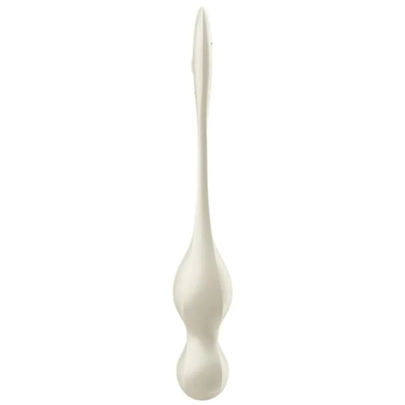 Boules Geisha vibrantes en silicone blanc, forme ergonomique, deux sphères, pour stimulation et renforcement pelvien.