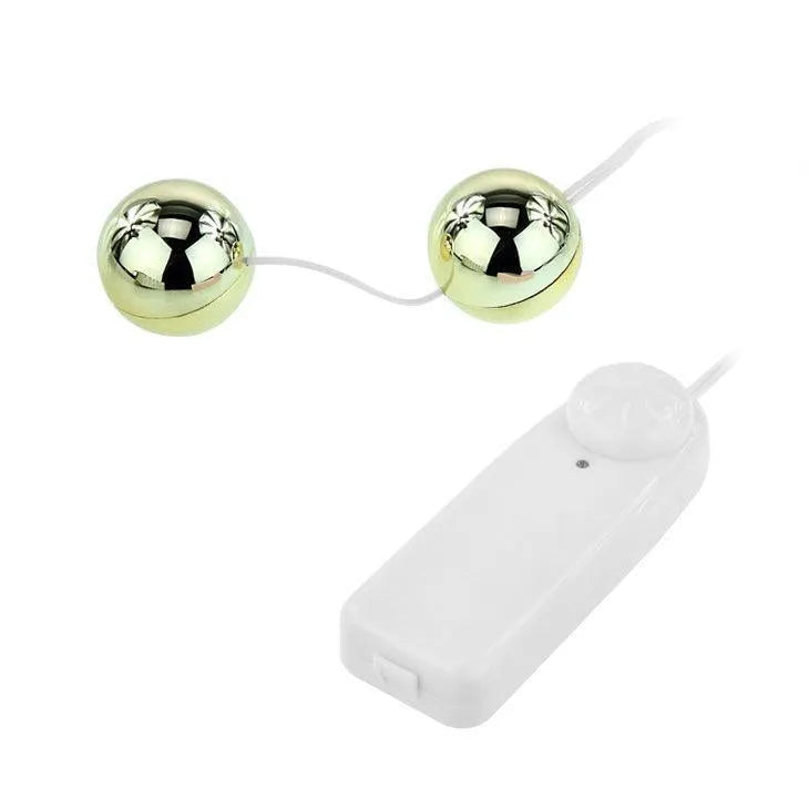Boules Geisha vibrantes dorées avec télécommande filaire blanche, stimulation intime multivitesse, ergonomiques 32mm.