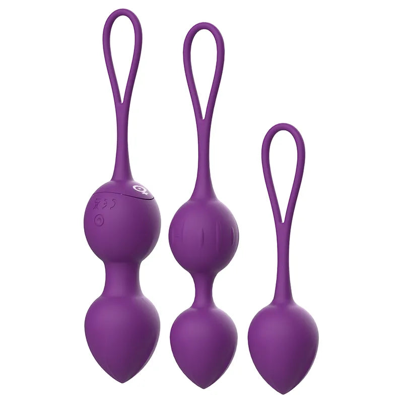 Boules de Geisha vibrantes violettes en silicone, trois tailles avec télécommande, pour entraînement pelvien débutantes.