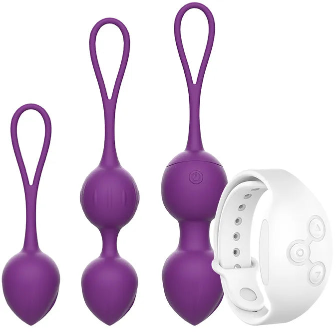 Boules Geisha vibrantes violettes avec télécommande blanche, silicone hypoallergénique, poids progressifs, étanche IPX7.