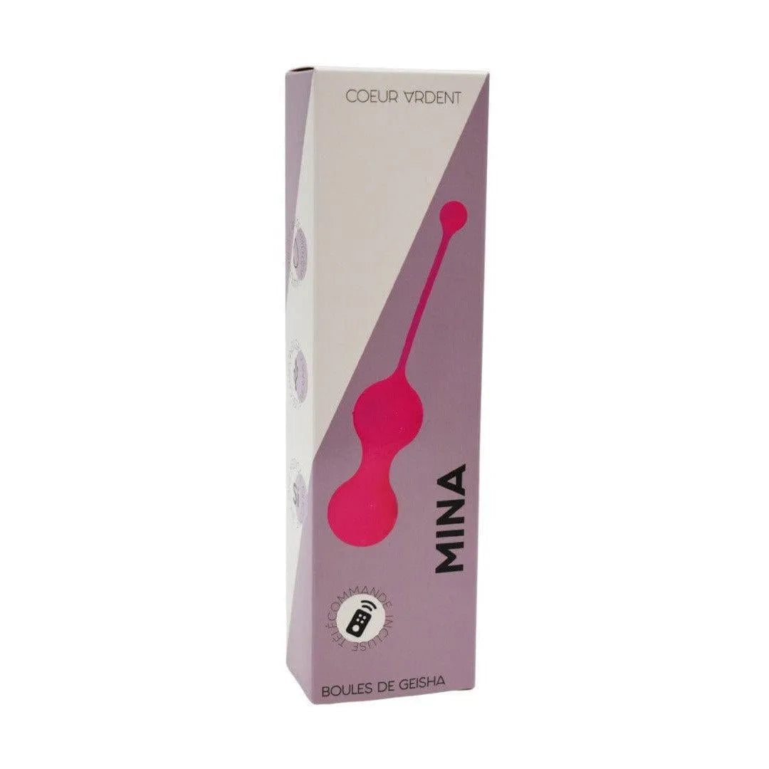 Boules Geisha vibrantes rose en silicone avec télécommande, design ergonomique, boîte blanche et rose, marque Mina.