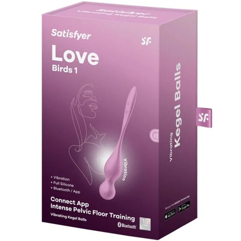Boules geisha vibrantes Satisfyer en silicone rose, ergonomiques, avec application connectée, boîte violette.
