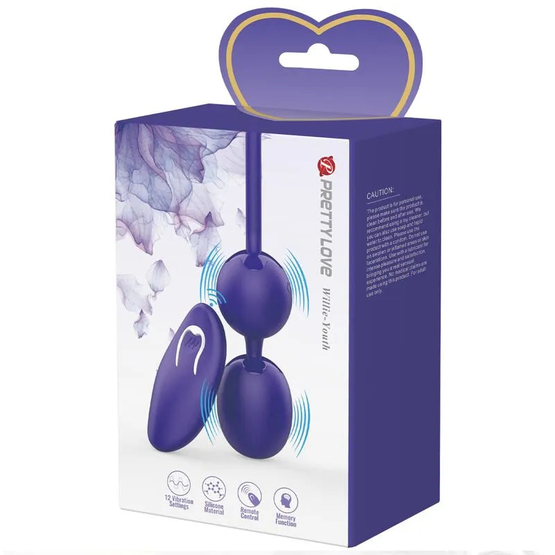 Boules Geisha violettes en silicone avec télécommande, 12 modes vibrations, tonification plancher pelvien, boîte visible.