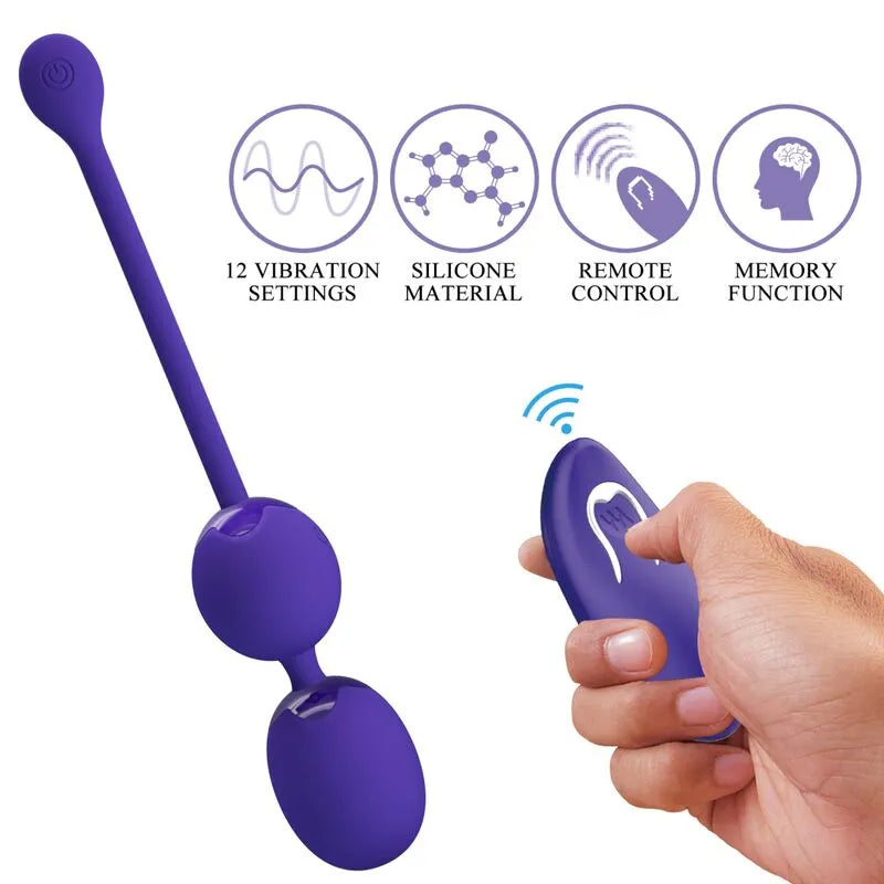 Boules Geisha violettes en silicone médical avec télécommande, 12 modes vibrations, pour tonification plancher pelvien.