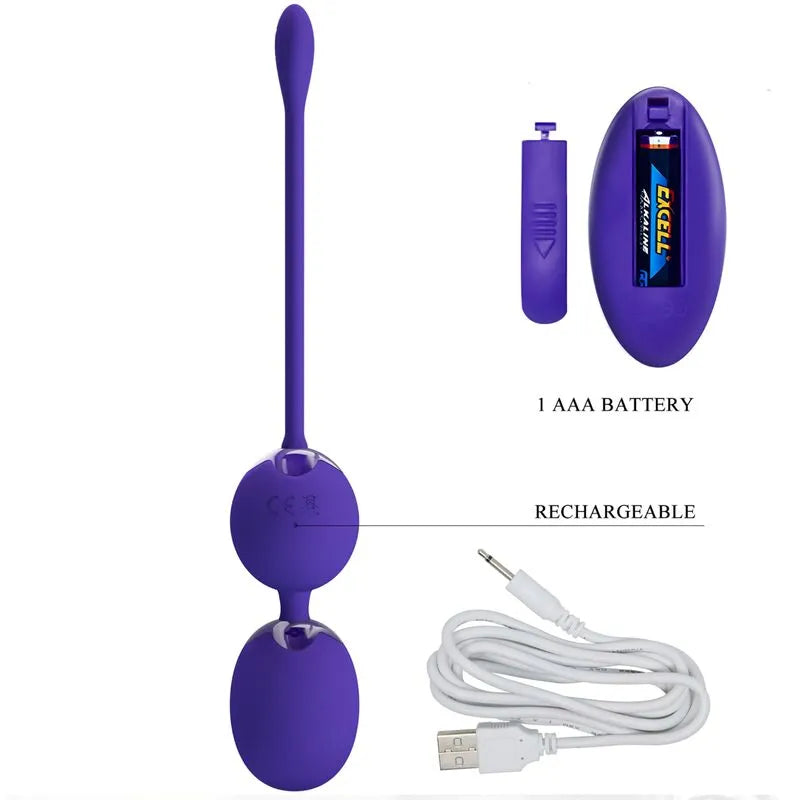 Boules Geisha violettes en silicone avec télécommande, 12 modes vibrations, câble USB, batterie AAA visible.