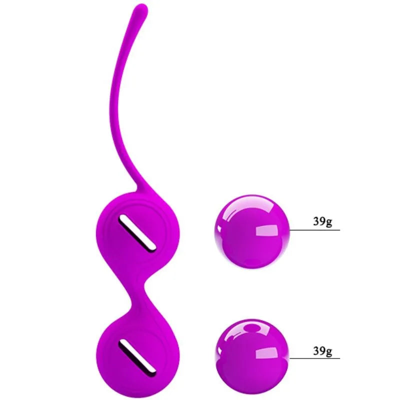 Boules de Kegel en silicone violet avec poids internes, design ergonomique pour renforcement pelvien et confort discret.