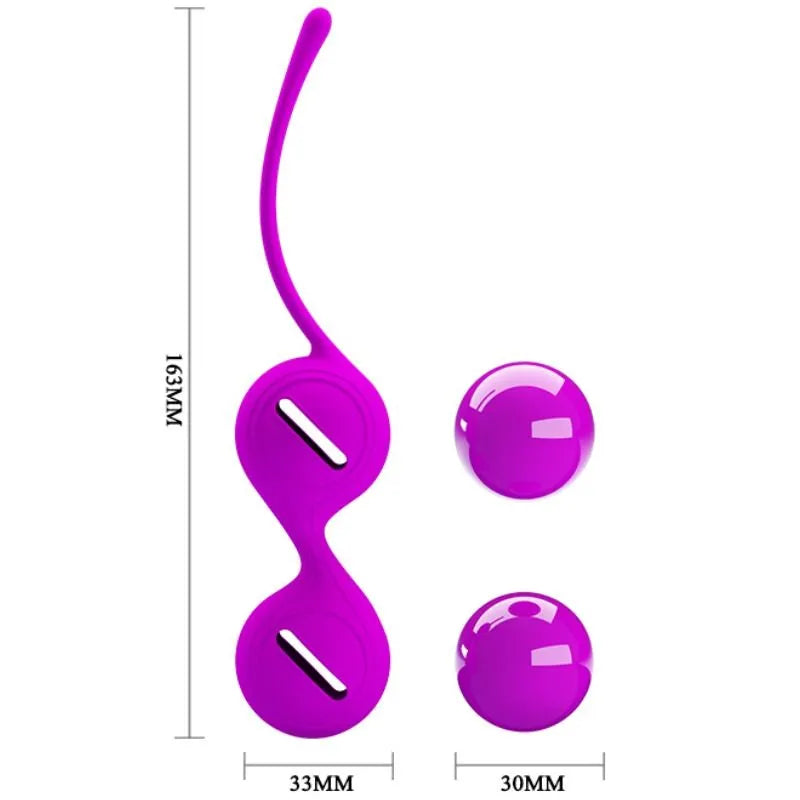 Boules de Kegel en silicone violet avec poids internes, forme ergonomique, pour renforcement pelvien et stimulation continue.