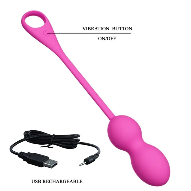 Boules Kegel vibrantes roses en silicone, forme ergonomique, rechargeables USB, avec câble, bouton vibration visible.