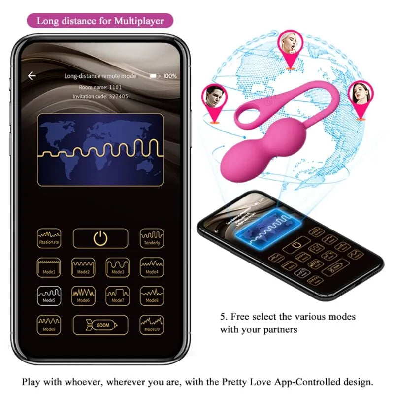 Boules Kegel vibrantes roses en silicone avec application mobile, design ergonomique, rechargeables et étanches.