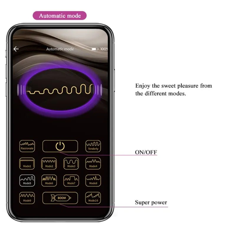 Boules Kegel vibrantes roses en silicone avec application mobile affichée sur smartphone, 12 modes de vibration.