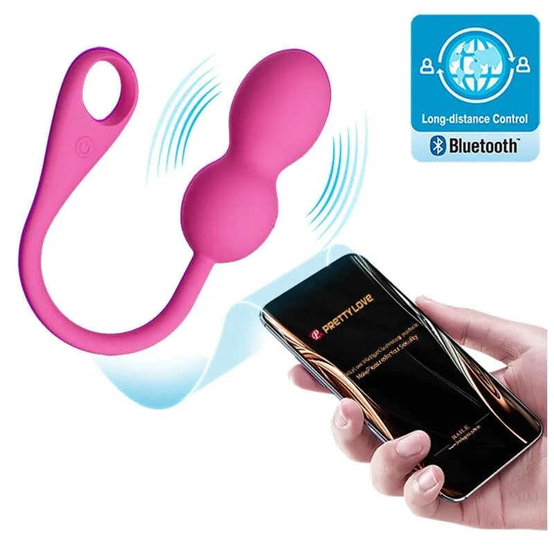 Boules Kegel vibrantes roses en silicone avec télécommande mobile, connectivité Bluetooth, design ergonomique et étanche.