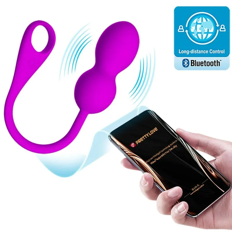 Boules Kegel violettes vibrantes en silicone avec télécommande via application mobile, étanches et rechargeables USB.