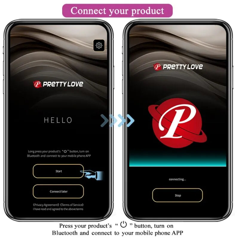 Application mobile pour boules Kegel violettes, interface de connexion Bluetooth, écran noir et rouge, logo PrettyLove.