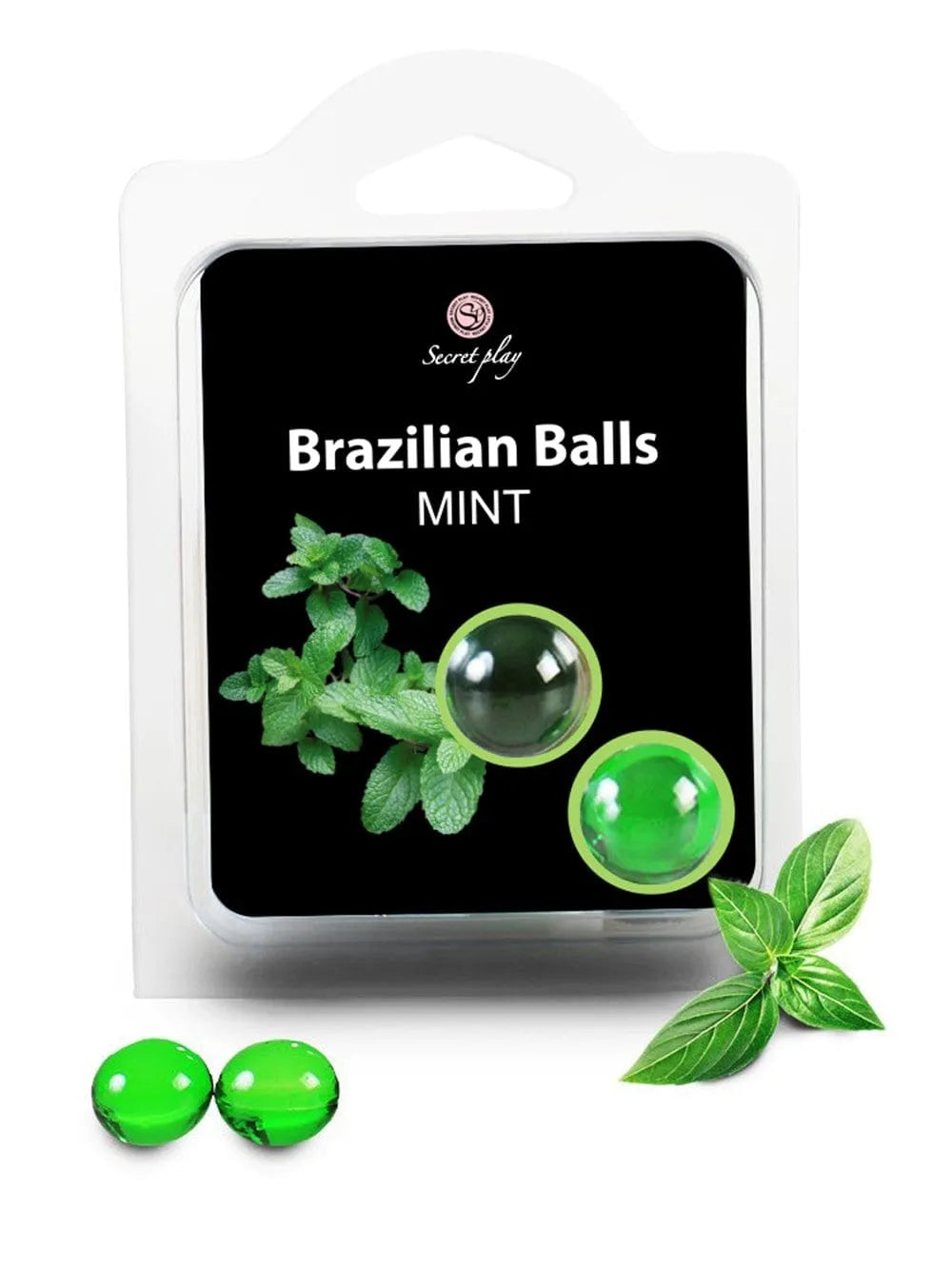 Boules de massage vertes mentholées, compactes, en emballage transparent avec feuilles de menthe, sensorielles et rafraîch...