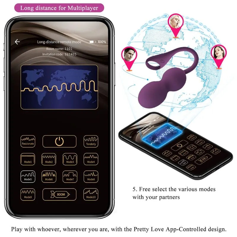 Boules Kegel violettes en silicone avec télécommande, 12 modes vibration, rechargeables, étanches, application mobile.