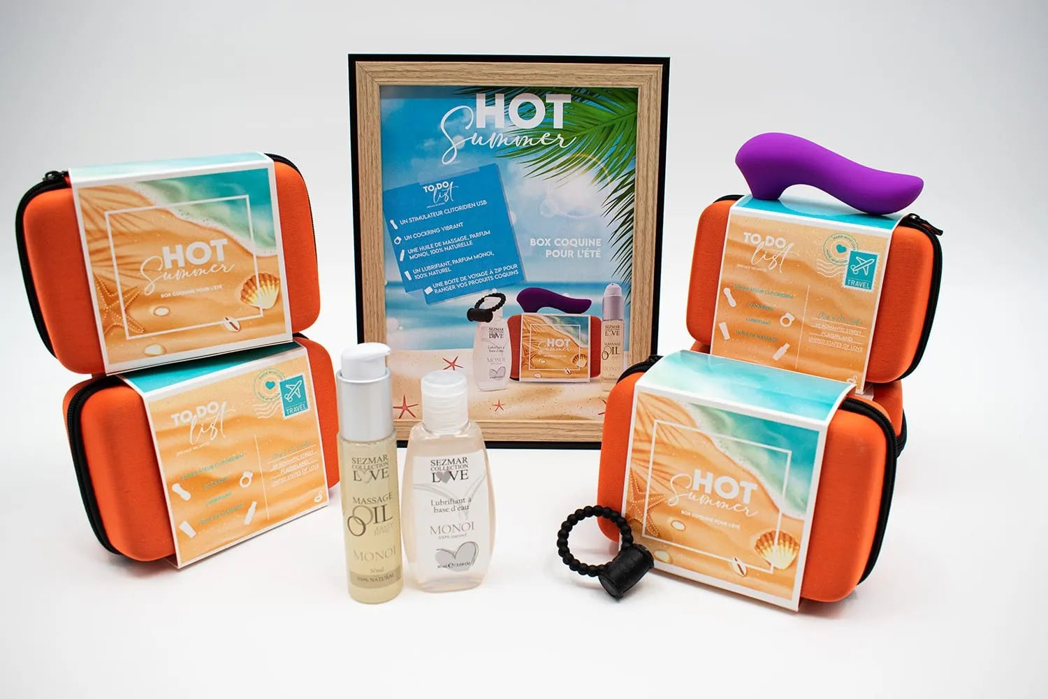 coffret couple été sensuel monoï parfumé édition limitée stimulateur clitoridien rechargeable anneau vibrant silicone extensible huile massage naturelle lubrifiant boîte
