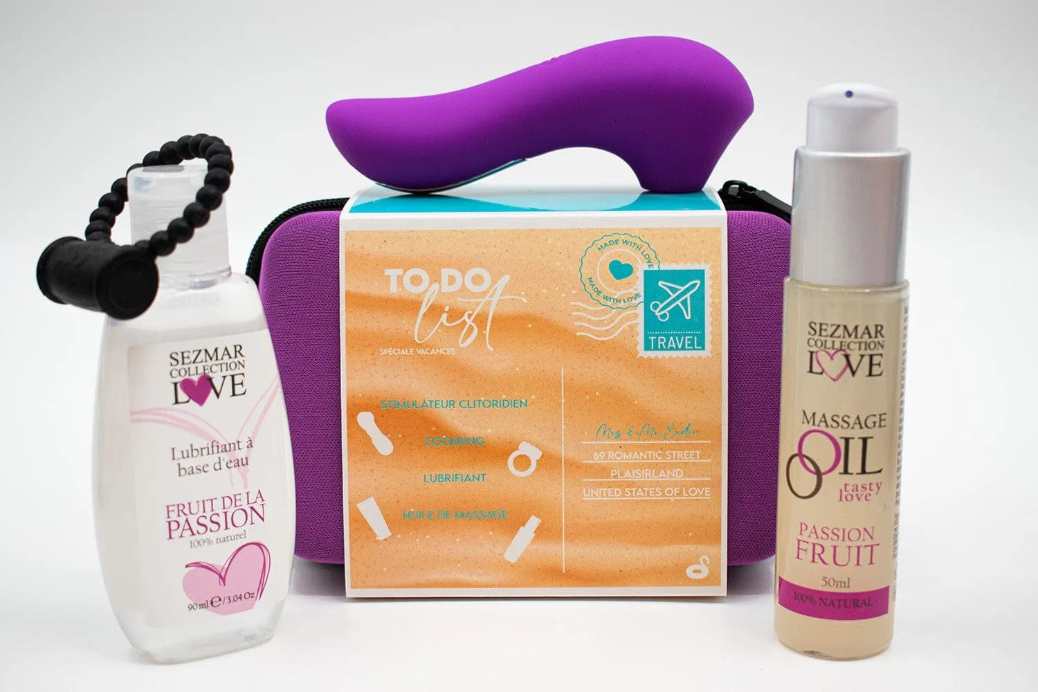Coffret Couple Été Passion Parfumé Stimulateur Clitoridien Rechargeable Anneau Vibrant Silicone Huile Massage Monoï Lubrifiant Aqueux Naturel Trousse Rangement Rigide