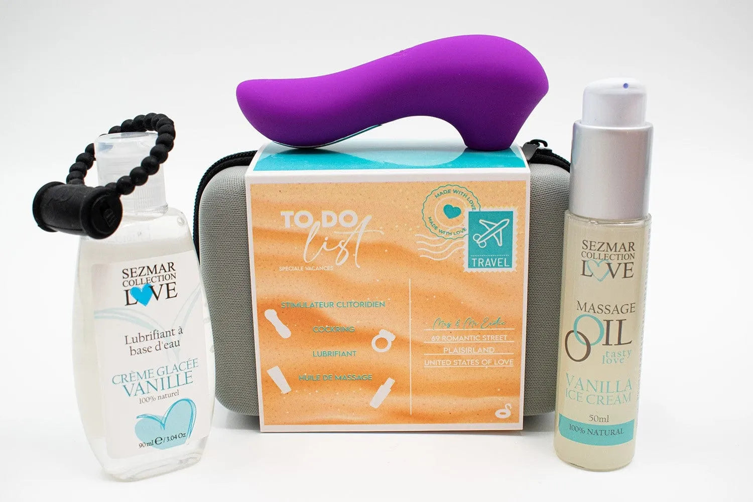 Coffret couple été vanille avec stimulateur violet, anneau vibrant noir, huile massage karité, trousse grise.