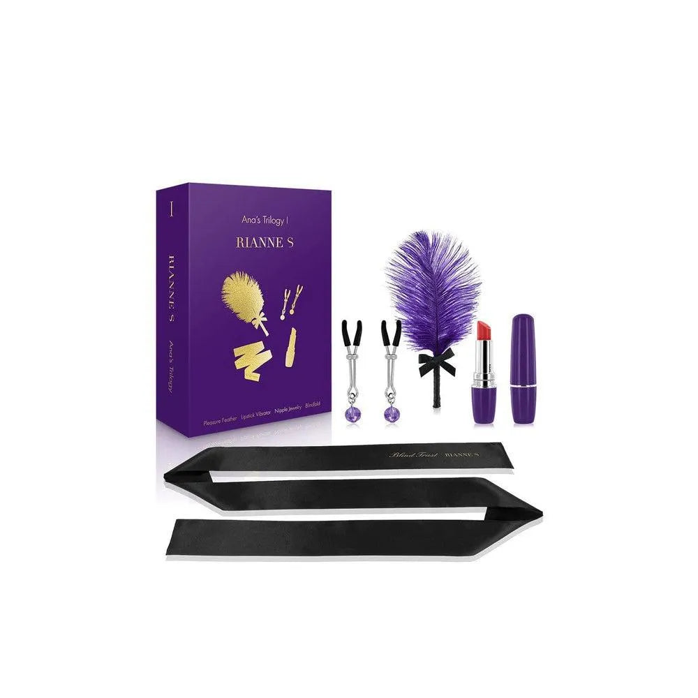 coffret érotique trilogie Anna bandeau soie vibromasseur rouge lèvres plume chatouilleuse pinces seins acier inoxydable pierre violette sensuelle intime luxueuse