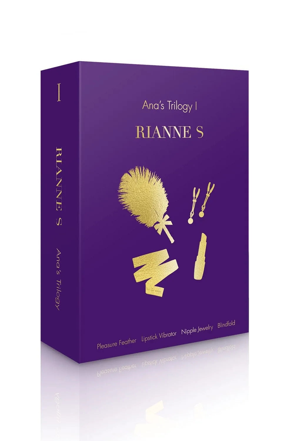 Coffret violet RIANNE S avec plume, vibromasseur rouge, bandeau soie, pinces seins, trilogie Anna érotique.