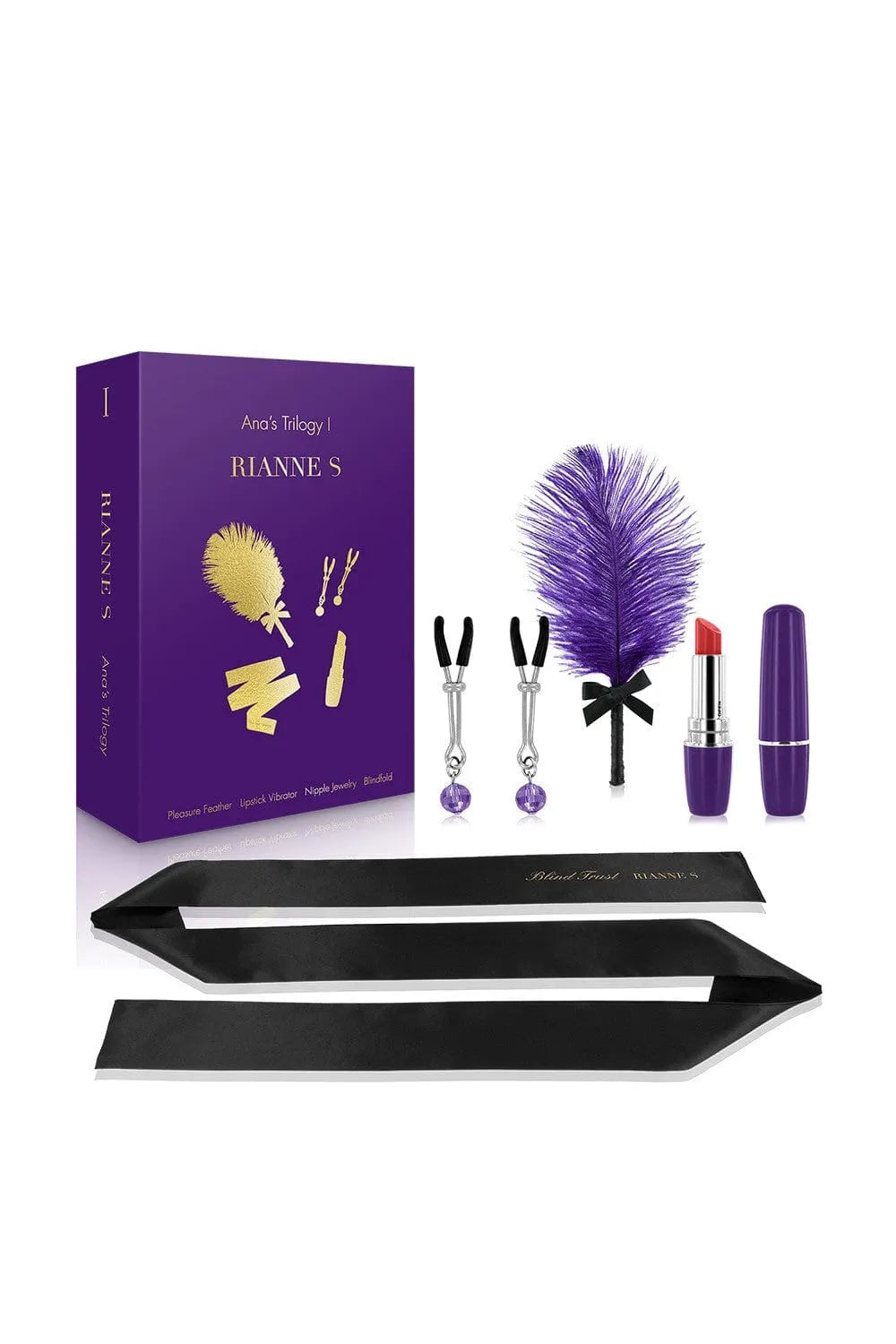 Coffret érotique RIANNE S avec bandeau soie, vibromasseur rouge, plume violette, pinces seins acier, boîte élégante.