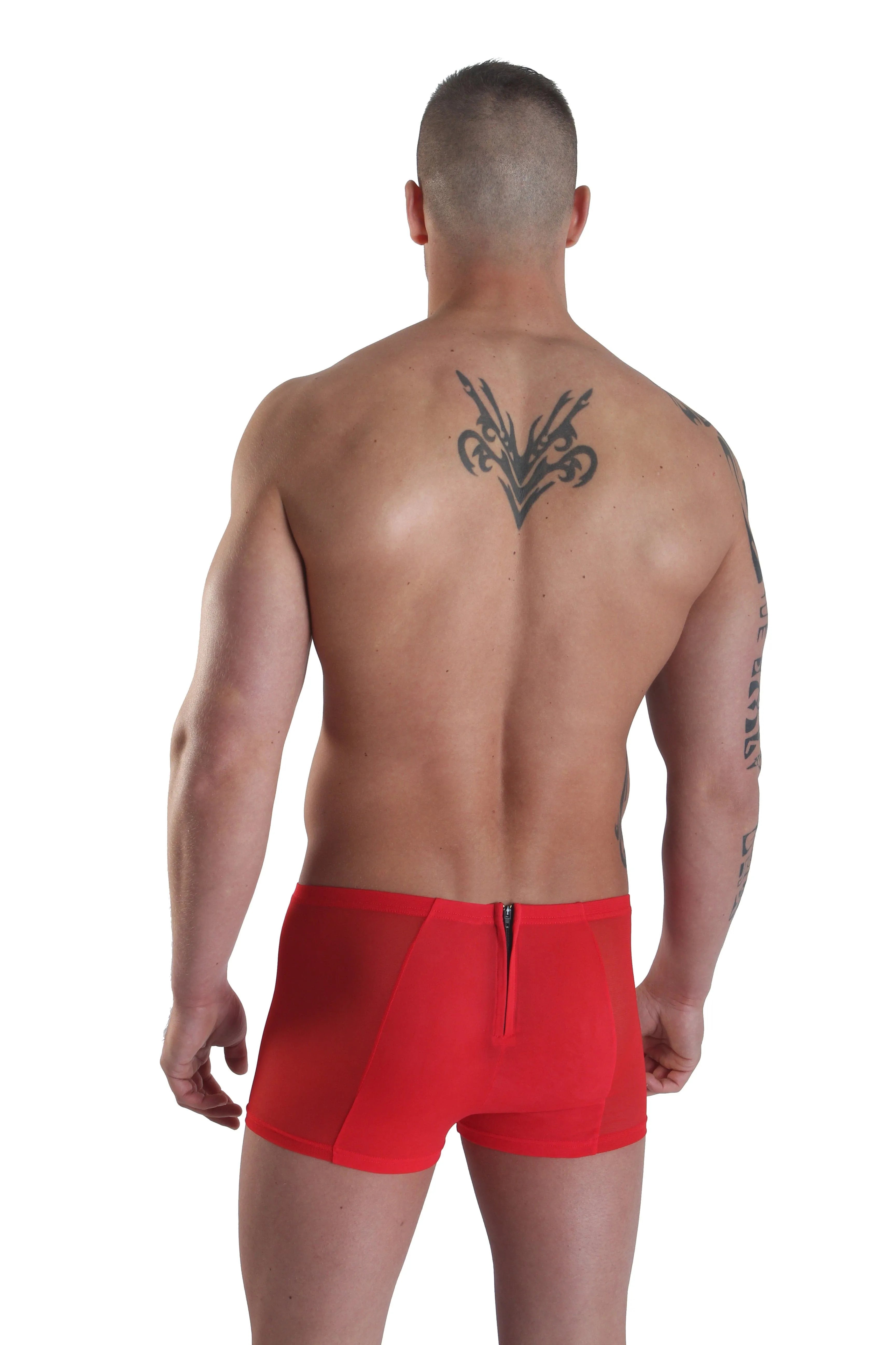 Boxer rouge homme avec fermetures éclair avant-arrière, tissu transparent opaque, ajusté, en polyamide élasthanne.