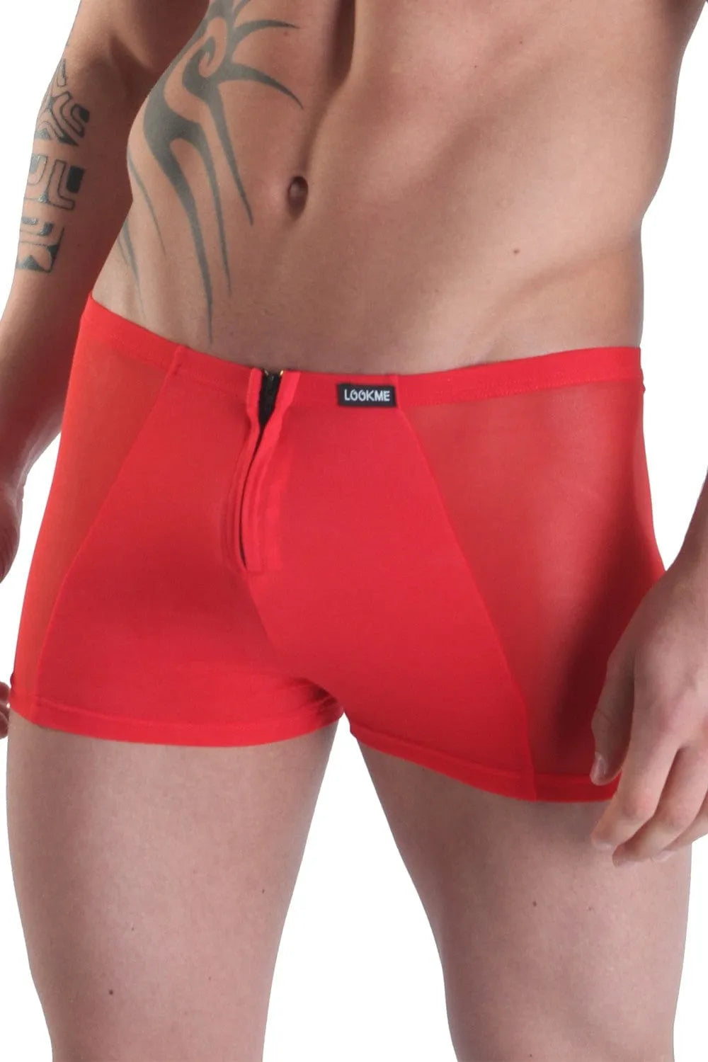 Boxer caleçon homme rouge transparent, double fermeture éclair avant-arrière, polyamide élasthanne, ajusté et séduisant.