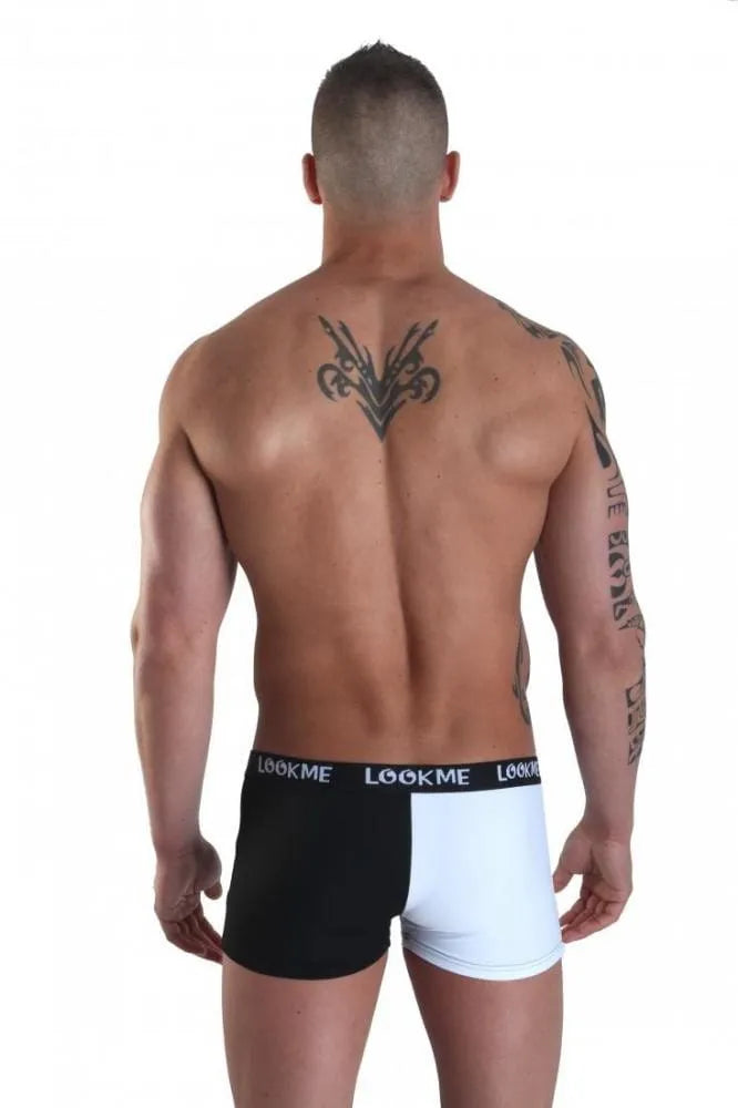 Boxer moulant bicolore noir et blanc, ceinture large siglée, motif Yin Yang, style Urban Legend, confort respirant.
