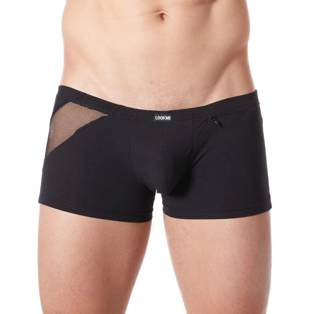 Boxer Court Homme Noir Satiné Confort Bandes Fines Résille Devant Derrière Transparente Fermeture Éclair Décorative Extensible Doux Polyamide Élasthanne