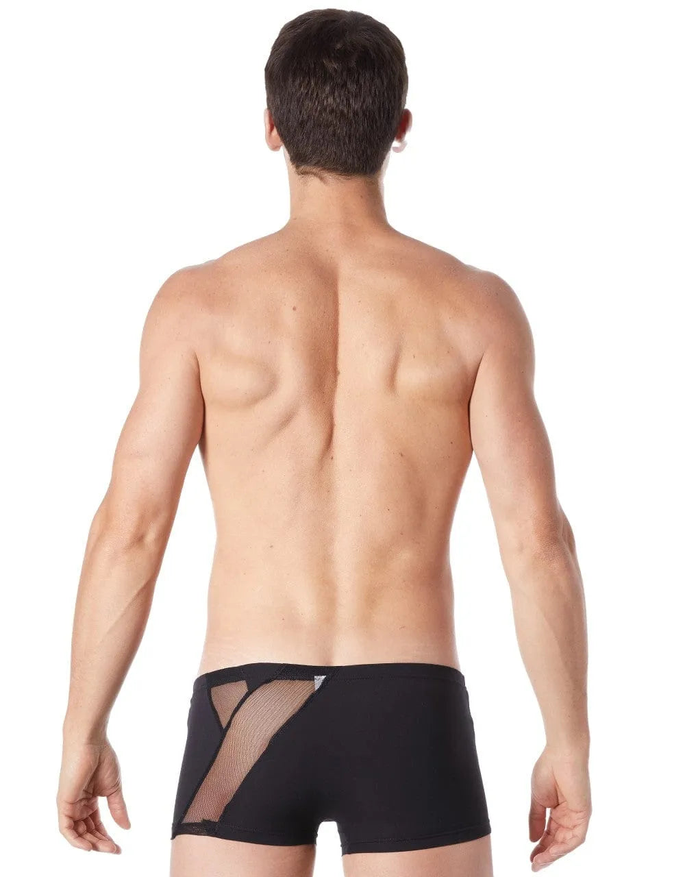 Boxer court homme noir satiné, résille transparente devant et derrière, zip décoratif, style audacieux et confortable.