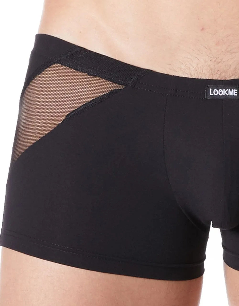 Boxer court homme noir satiné, résille fine devant et derrière, zip décoratif, tissu extensible en polyamide élasthanne.