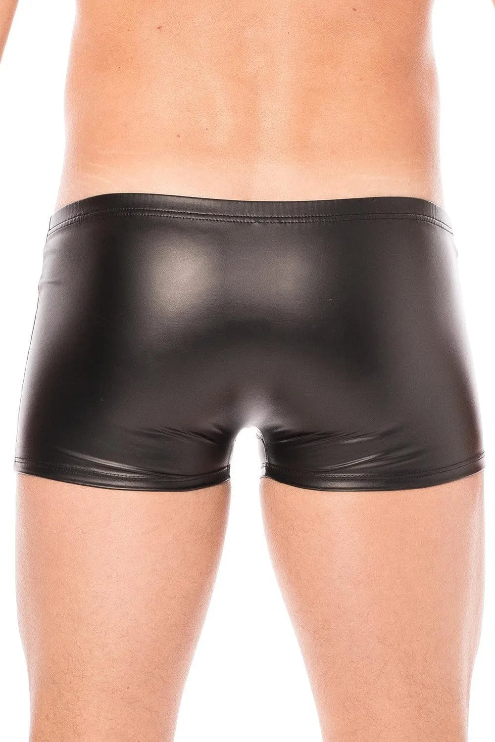 Boxer homme noir similicuir ajusté, élégant et confortable, vue arrière, matière souple et durable, tendance et audacieux.